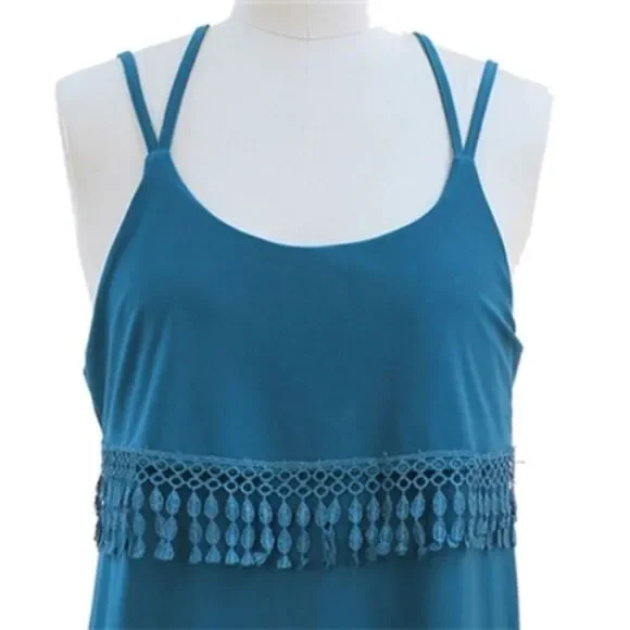 Jon & Anna Womens Small Teal Strappy Sleeve Fringe Tassels A-Line Maxi Dress - Picture 2 of 6